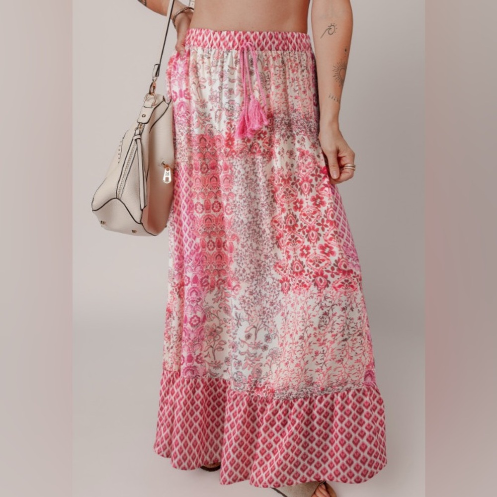 Boutique Wholesale Boho Floral Pink Maxi Skirt